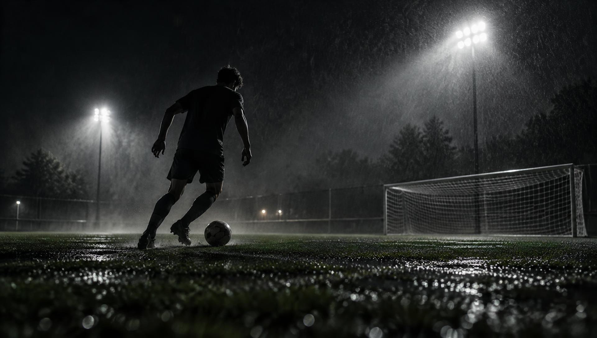 Floodlit night pitch with a player dribbling in the rain